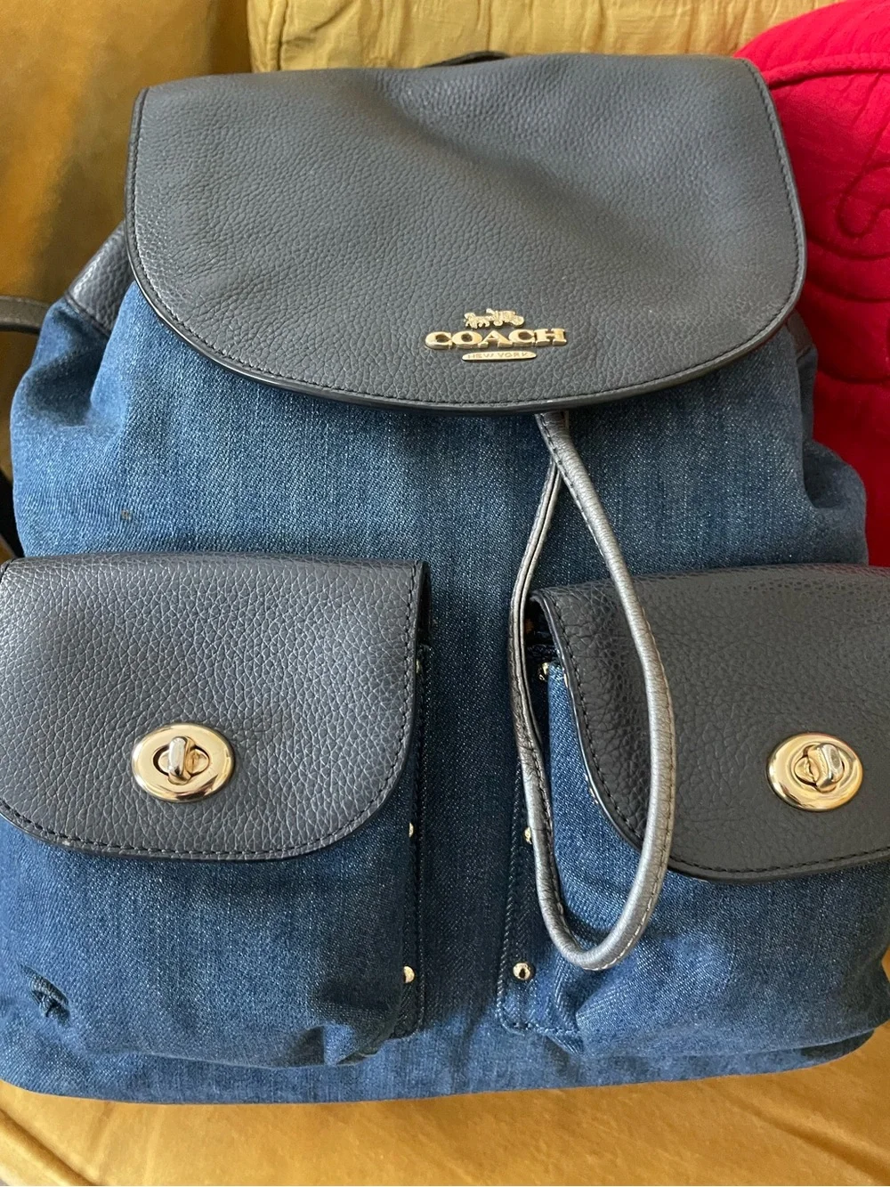 COACH Billie Blue Denim Leather Turnlock Drawstring Backpack F25883